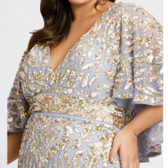 MAC DUGGAL 5191 CAPE SLEEVE GOLD SILVER MIDI DRESS sz 12 - Picture 3 of 4